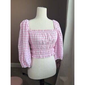 Charlie Holiday Pink Gingham Smocked Crop Top Puff Sleeve Size US 4